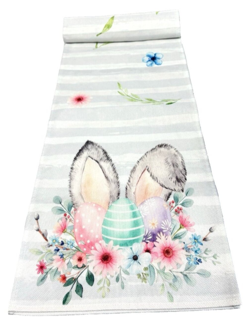 Easter Bunny Table Runner 72” Long Spring Floral Eggs Grey Stripe Holiday Decor